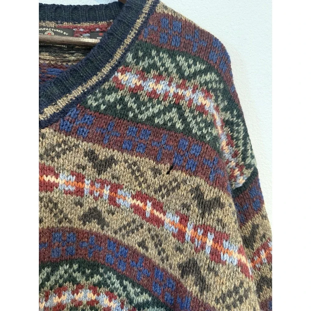 Vintage American Eagle Wool Silk Fair Isle Sweater Mens M Nordic V Neck USA Read